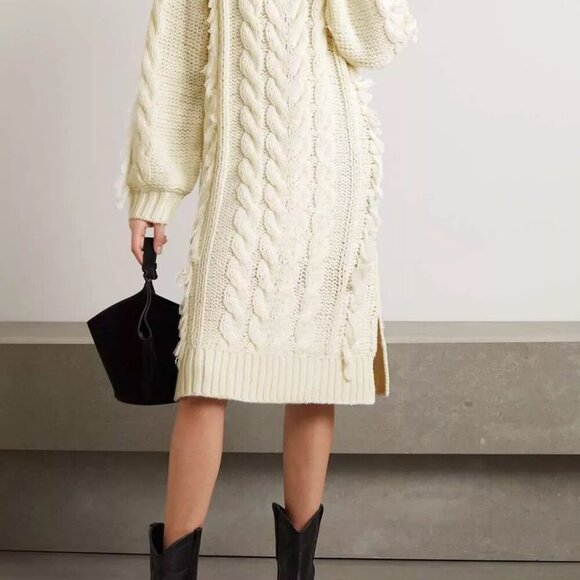 New FARM RIO Ivory Cable Knit Fringe Midi Sweater Dress M MSRP $285 - Picture 3 of 9